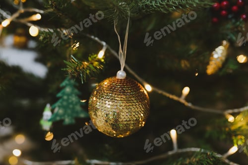 Preview: Christmas and New years eve Background. Holiday Template with Christmas toy on fir tree. Web banner