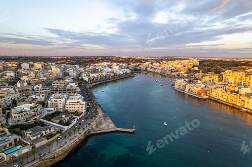 Preview: Marsaskala townscape at sunrise, Malta. Aerial drone view