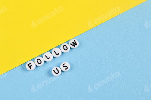 Preview: Alphabet beads with text FOLLOW US isolated on blue and yellow background