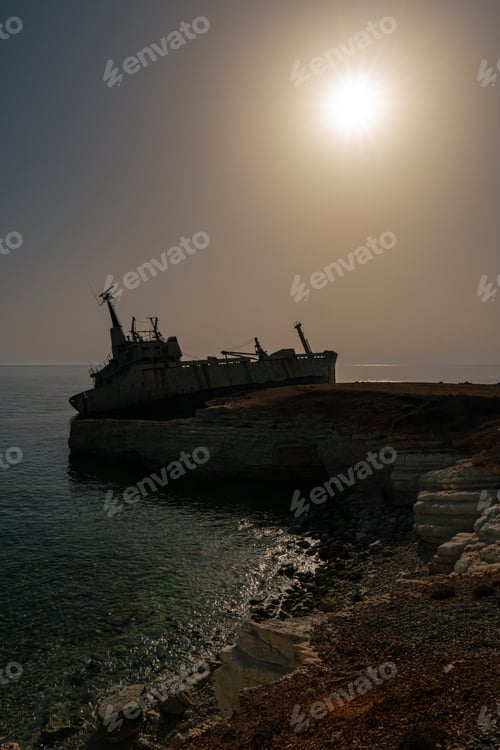 Preview: Remains of a shipwrecked vessel off the rocky shores of Paphos, Cyprus