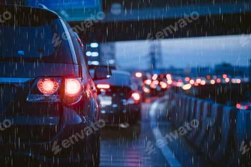Preview: Traffic jam in evening with storm raining. people stuck on heavy traffic wet rain road in Bangkok