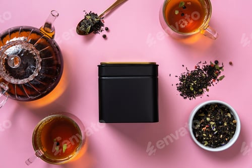 Preview: Blank tea packaging mockup with tea to display your branding design.