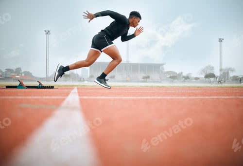 Preview: Man, athlete and ready for race on track with practice, training or exercise for competition. Black