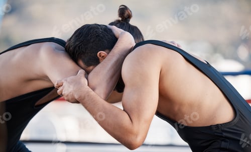 Preview: Sports, gym and training with men and wrestling match for fight, championship and action. Fitness,
