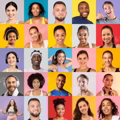 Preview: Diverse group of smiling individuals expressing joy in colorful backgrounds