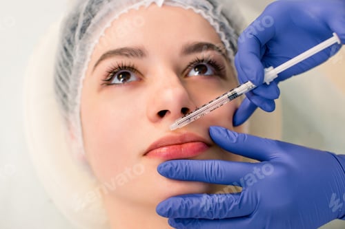 Preview: A beautiful woman receives a filler injection on the lips. Young woman receiving a botox injection