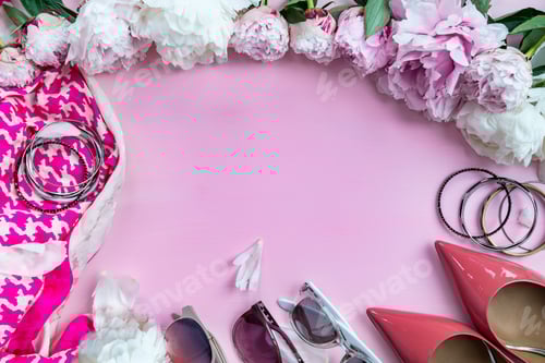 Preview: Feminine Accessories and Flowers on Pink Background