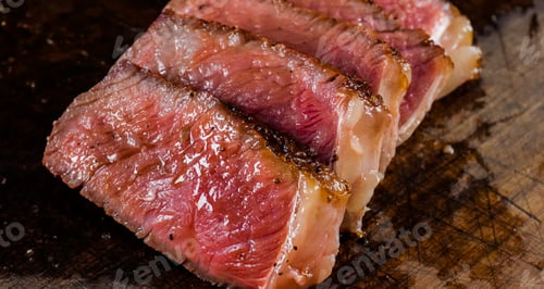 Preview: Beef Meat Grilled Steak sliced on wooden board. Homemade cooking beef steak for restaurant, menu, ad