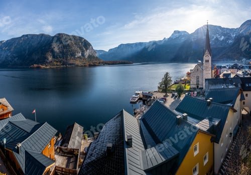 Preview: Beautiful Panoramic aerial view of Hallstatt, Lake and Church - Hallstatt, Austria