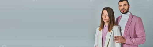 Preview: confident man in lilac blazer near elegant woman in white suit on grey, business fashion, banner
