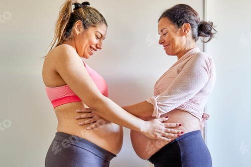 Visualização: Mulheres grávidas felizes tocando a barriga umas das outras. Irmandade multiétnica de casais
