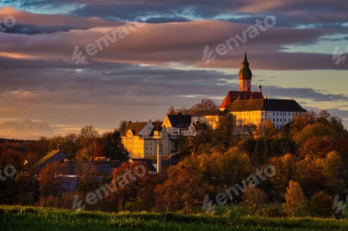 Preview: Cloister Andechs and the alps in sunrise