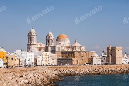 Preview: view of Cadiz Cathedral under blue sky, Cadiz, Spain
