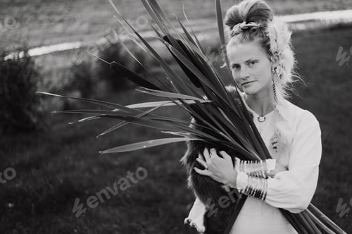 Preview: Smiling woman with a bulrush grass reed on rural field ,monochrome