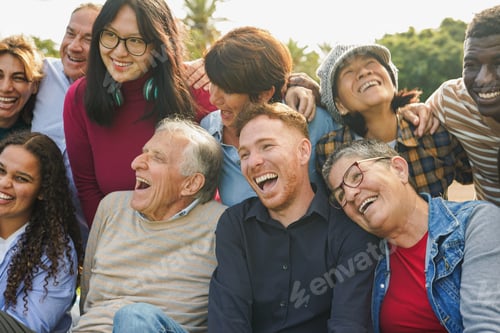Preview: Happy crowd of multiracial people having fun together at city park