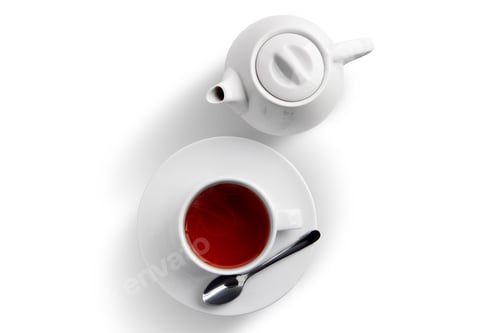 Preview: Ceramic tea cup and pot with Dilmah tea isolated on white