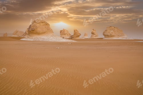 Preview: Chalk rocks in the White Desert at sunset. Egypt, Baharia