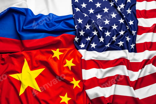 Preview: China, USA and Russia national flags top view