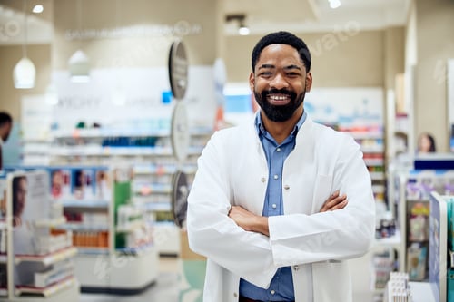 Preview: Smiling Pharmacist in Modern Pharmacy Store Standing with Arms Crossed