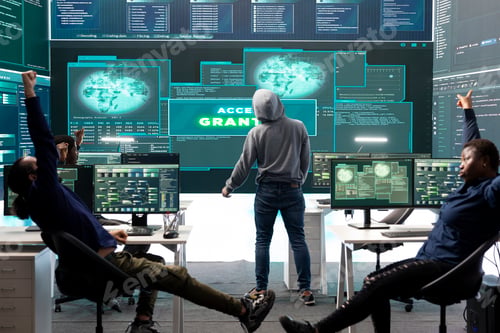 Preview: Pleased proud hackers team jumping around after gaining access into government