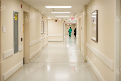 Preview: Clean sterile hospital corridor with physician walking in background