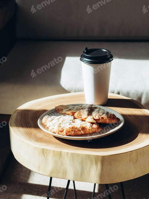 Visualização: Xícara de café para levar em copo de papel branco e croissants à luz do sol na mesa de madeira.