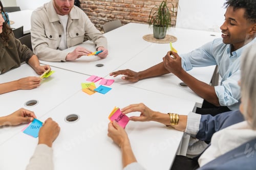 Preview: Business people brainstorming ideas with adhesive notes