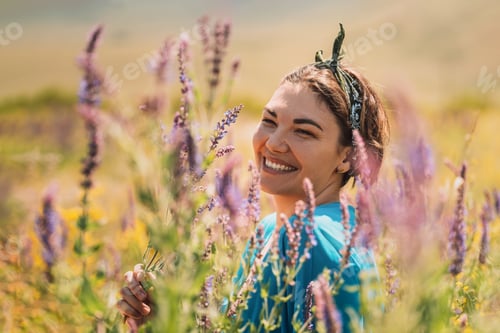 Preview: Girl in purple flowering ginseng bushes
