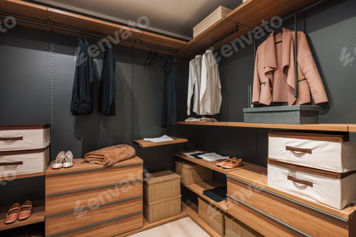 Preview: Modern walk in closet showcasing organized clothes and accessories