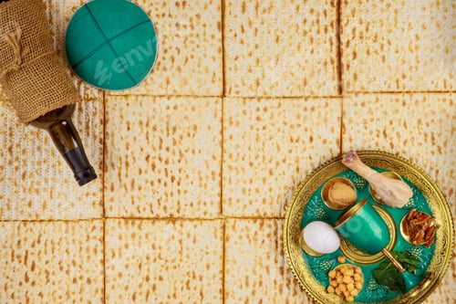 Preview: Traditional matzah bread with kiddush and seder. Jewish Passover holiday concept.