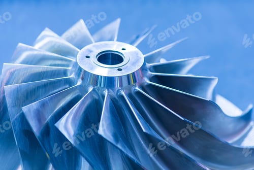 Vorschau: Details zum Turbinen-Metallmechanismus auf blauem Hintergrund