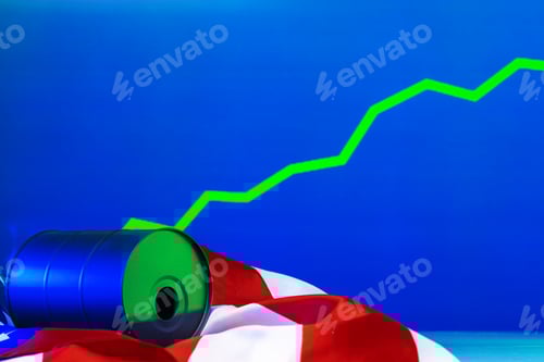 Preview: Price of american oil is changing concept. Black barrel with oil and graph