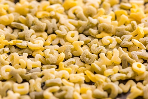 Preview: close up view of raw macaroni alphabet letters
