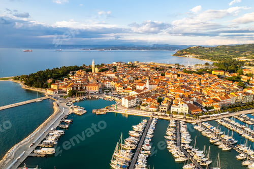 Preview: Izola townscape on the Adriatic coast of the Istrian peninsula in Slovenia. Aerial drone view