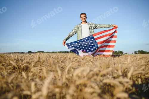 Preview: Young man holding American flag, standing in wheat field