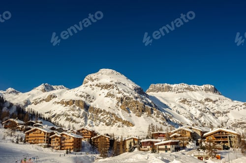 Preview: Alpine winter mountain landscape. French Alps with snow.