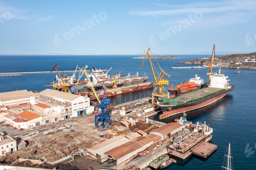 Preview: Syros island, Hermoupolis shipyard aerial drone view. Greece, Cyclades.