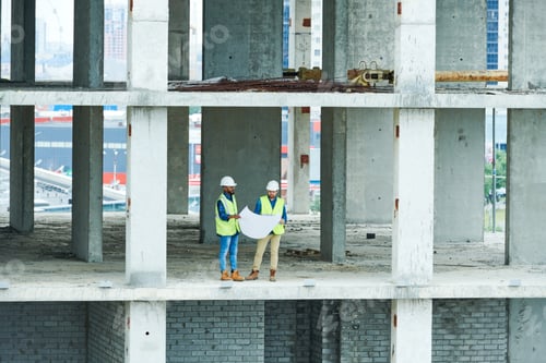 Preview: Construction engineers with draft in concrete building
