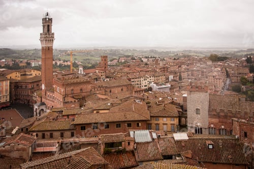 Preview: High angle view across the city of Siena with the Piazza del Campo and Torre del Mangia landmarks.