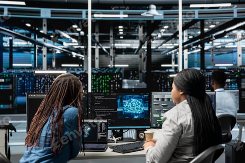 Preview: Data center engineering team working together, using AI visualization