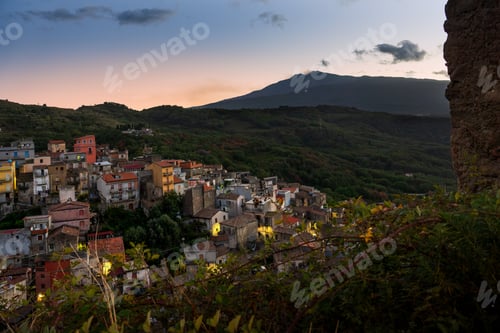 Preview: Castiglione di Sicilia village at sunset with Mount Etna, scenic Italian landscape, rural Sicily