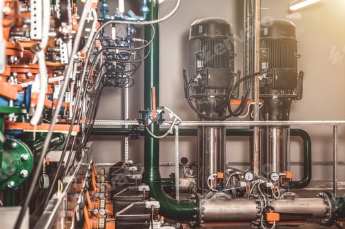 Preview: Urban modern powerful pipelines. Industrial pumps in an engine room. Industry interior of water pump