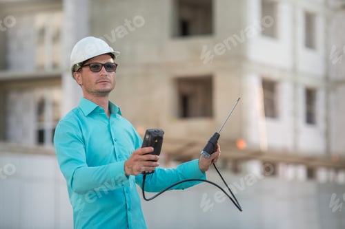 Preview: man in a shirt and a white helmet is standing at a construction site