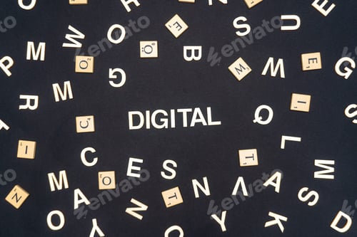Preview: DIGITAL word written on dark paper background. DIGITAL text for your concepts