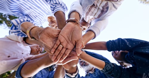 Preview: Support, huddle or hands of family in nature for fun bonding or playing in outdoor park together. L
