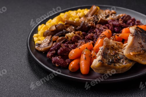Preview: A colorful vegetarian dish consists of fish, beans, corn, mushrooms
