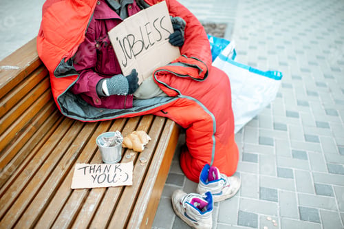 Preview: Jobless beggar begging money with cardboard and cup