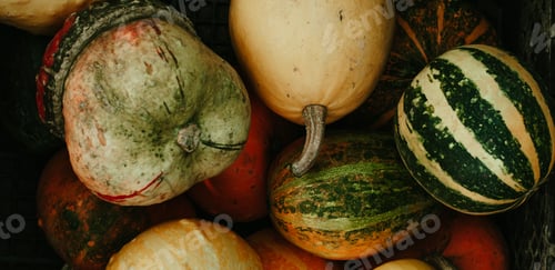 Preview: Different sorts and colors of pumpkin harvest outdoor