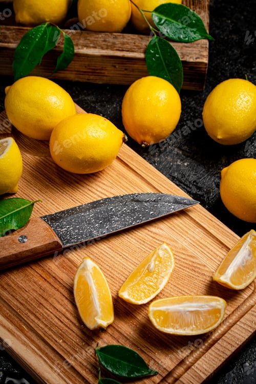 Preview: Sliced fresh lemons on a wooden cutting board with a knife.