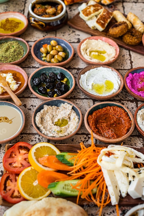 Preview: Turkish family breakfast table with pastries, vegetables, greens, spreads, cheeses, fried eggs